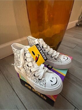 Joe Boxer White High-Top Sneakers with Black Smiley Print